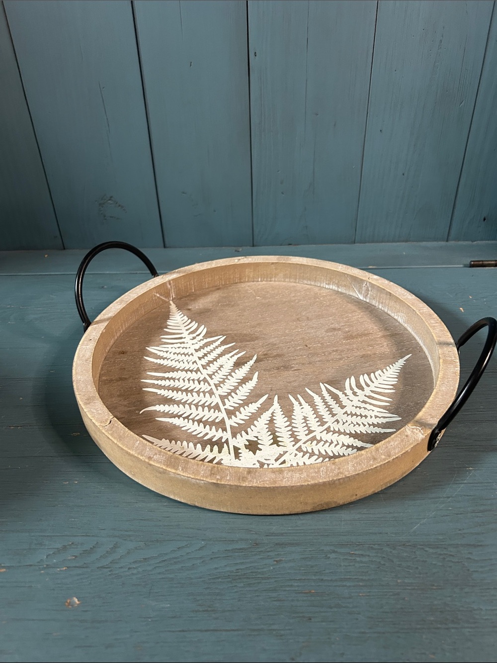 Hand Crafted Natural Wood Tray with White Fern and Black Handles | 11” Round